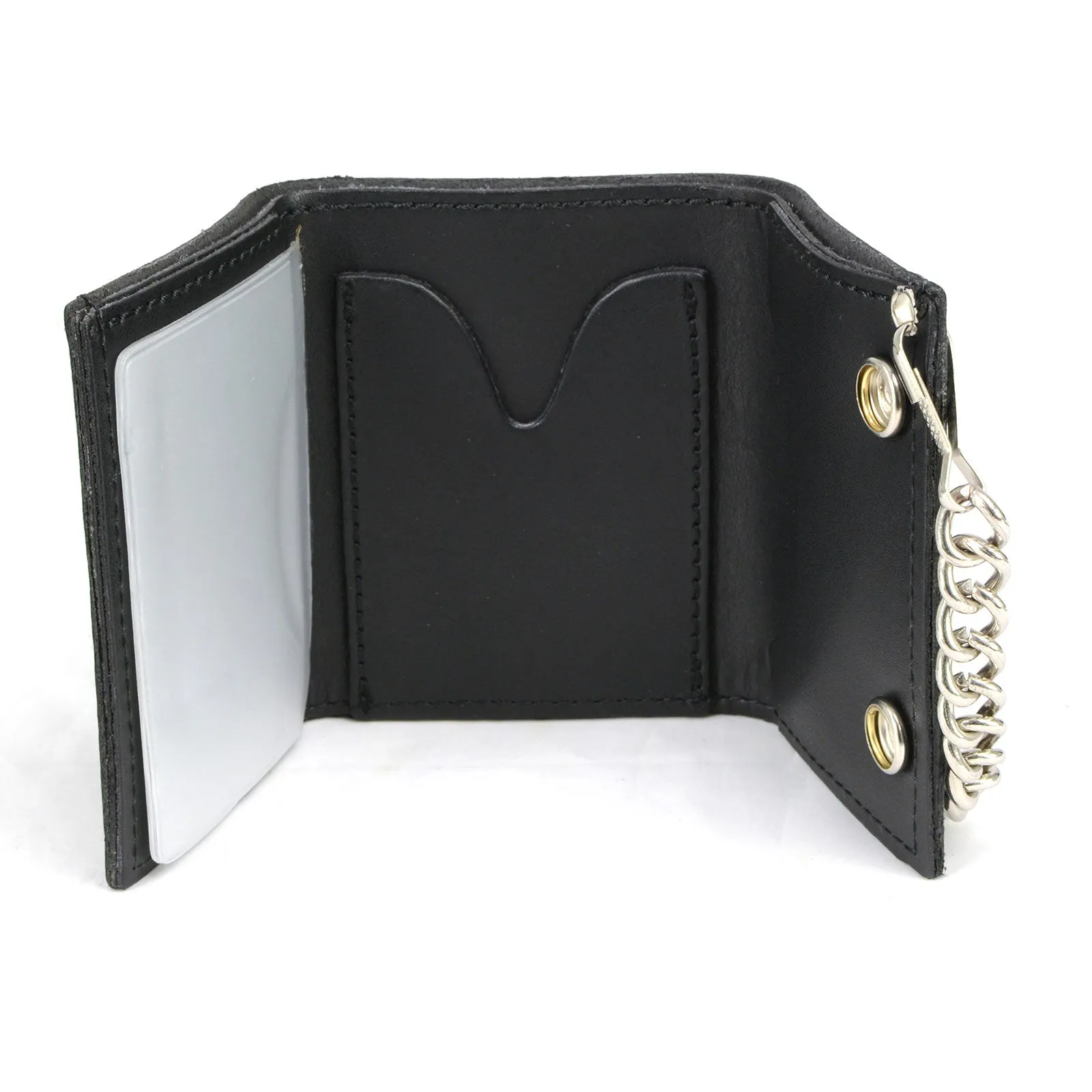 MLW7841 Men's 4” Black Leather Biker Wallet - Tri-Fold Anti-Theft Stainless Steel Chain w/ "F.A.F.O"