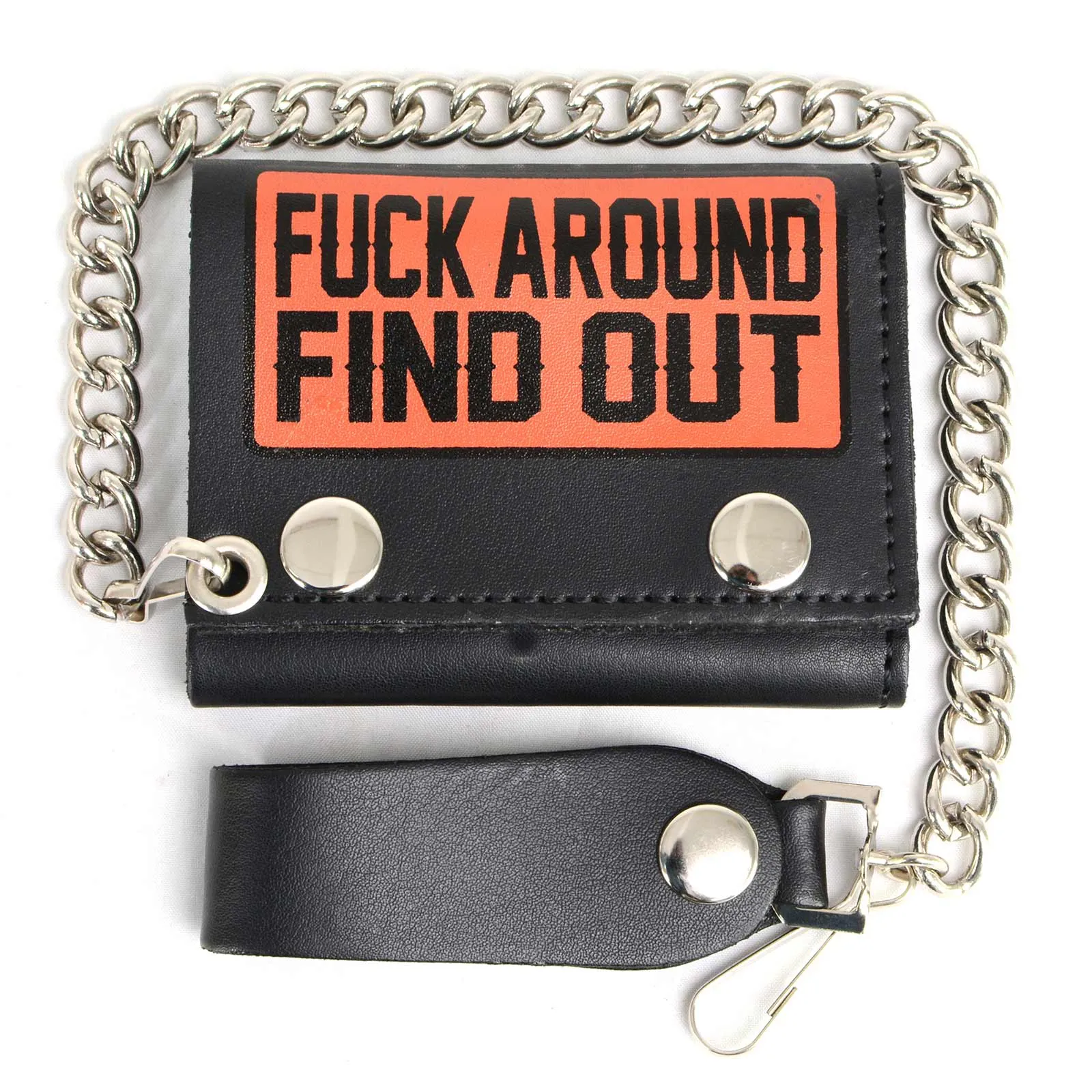 MLW7841 Men's 4” Black Leather Biker Wallet - Tri-Fold Anti-Theft Stainless Steel Chain w/ "F.A.F.O"