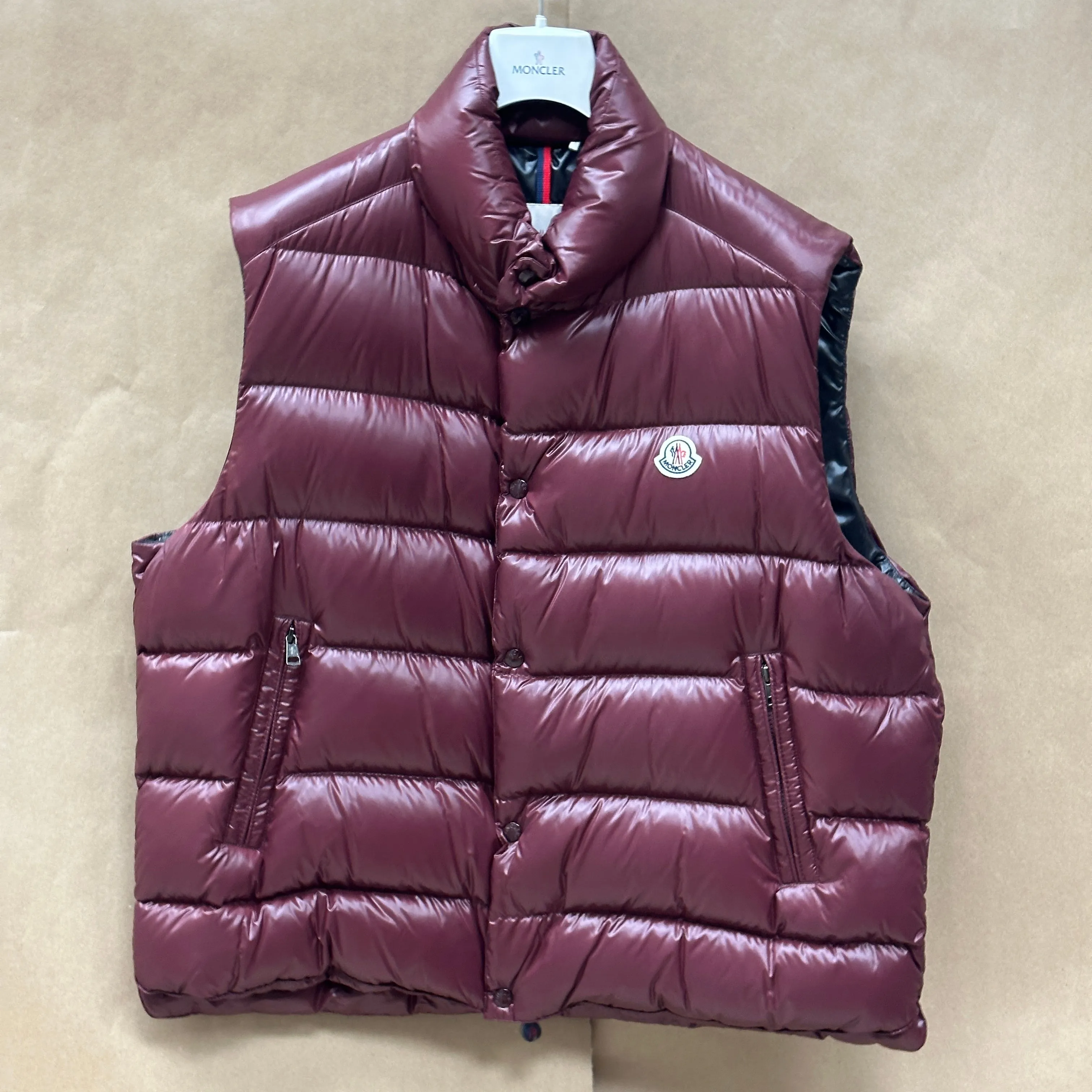 Moncler Ghany Quilted Glossed-Shell Down Vest Maroon - Size 7