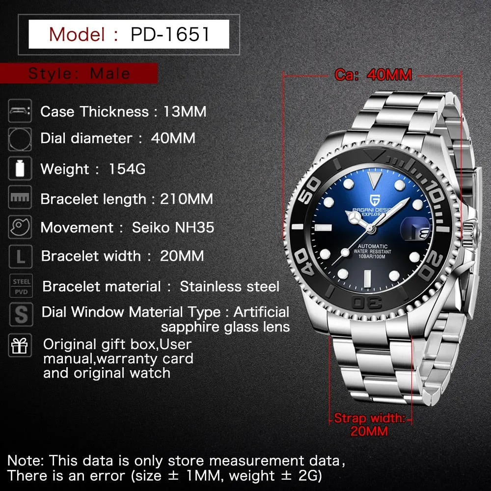 PAGANI DESIGN Automatic Japan NH35A Movement Mechanical Watch with Sapphire Glass 100m Waterproof 40MM