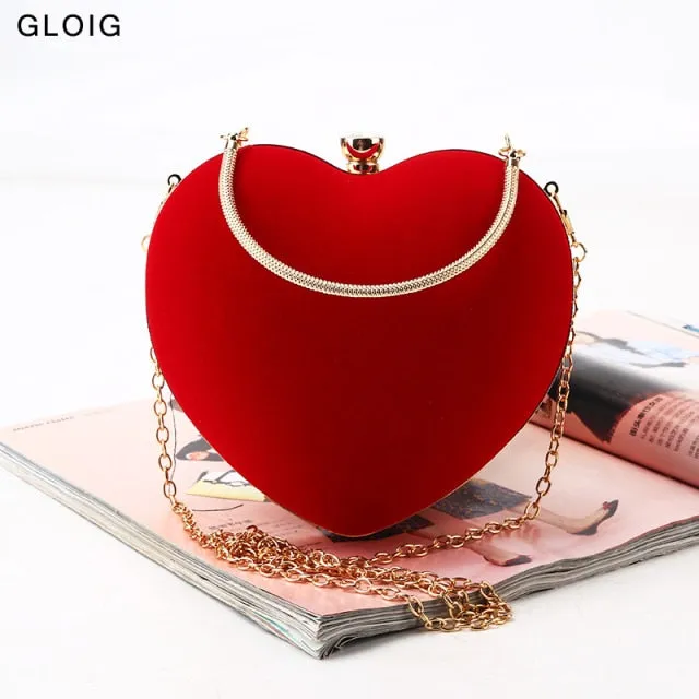 Red Heart Design Women Clutch Small Diamonds Golden Velvet