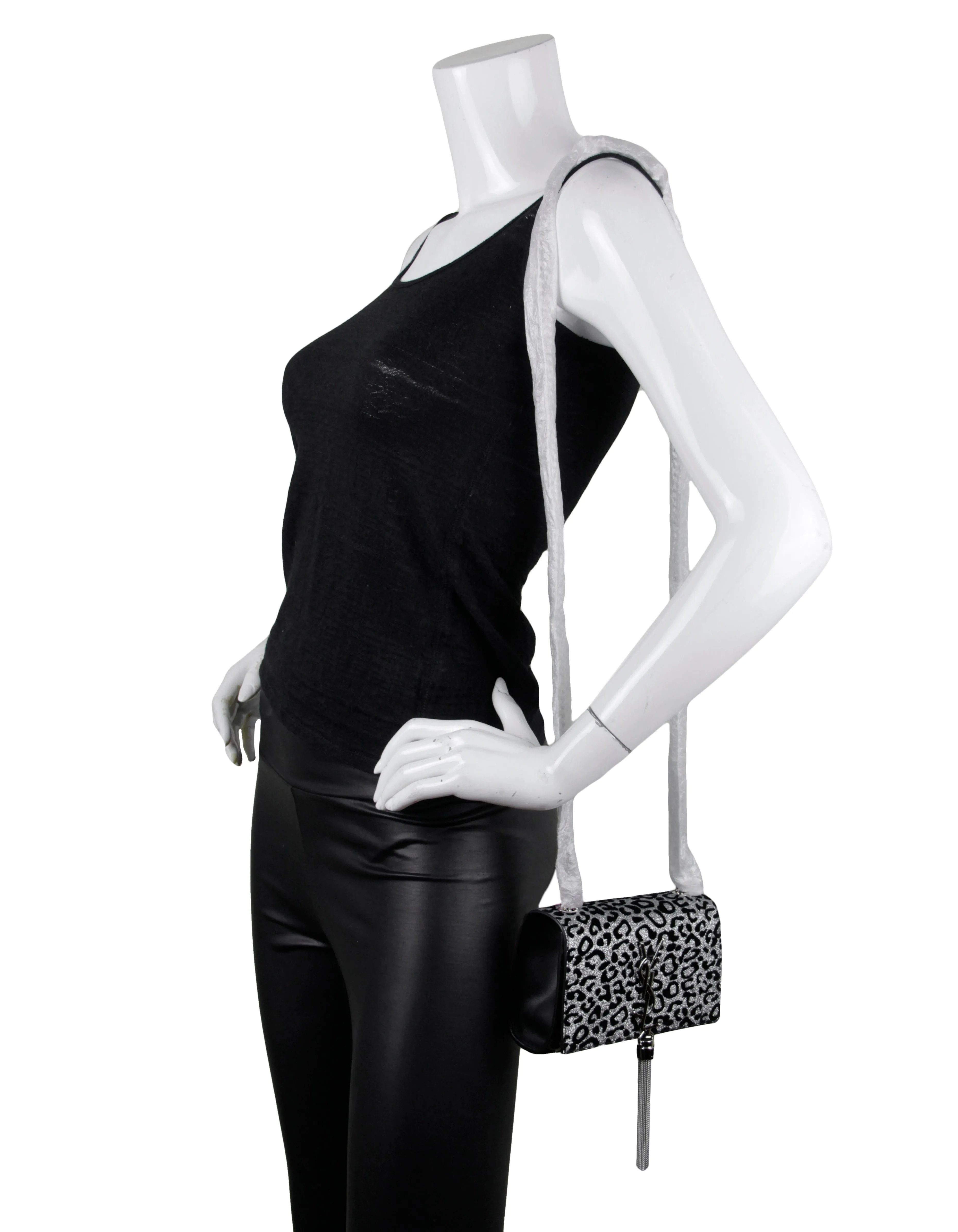 Saint Laurent Silver/Black Glitter Leopard Small Monogram Kate Crossbody