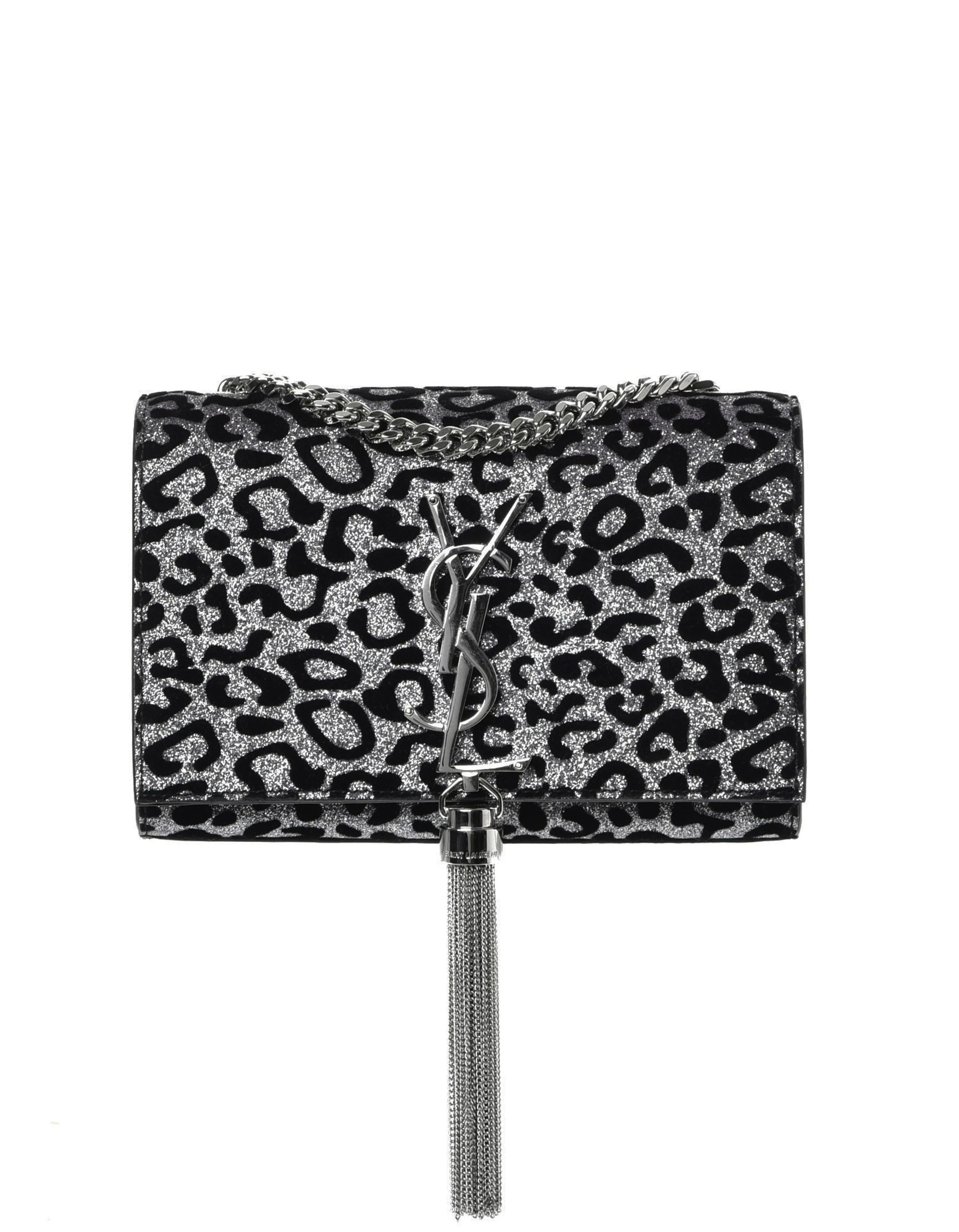 Saint Laurent Silver/Black Glitter Leopard Small Monogram Kate Crossbody