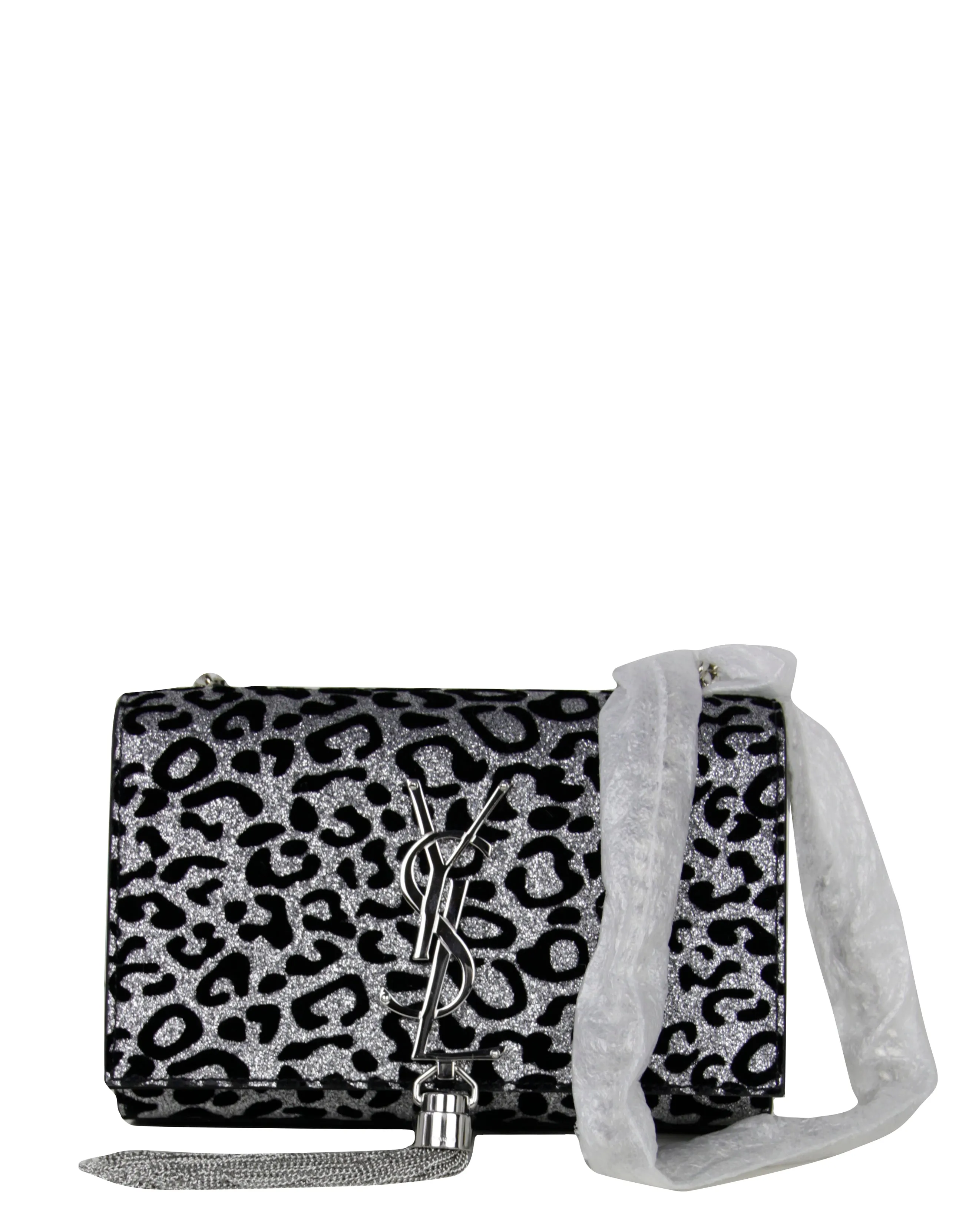 Saint Laurent Silver/Black Glitter Leopard Small Monogram Kate Crossbody