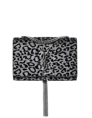 Saint Laurent Silver/Black Glitter Leopard Small Monogram Kate Crossbody