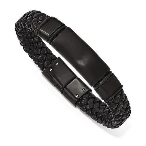 Stainless Steel Brushed Black IP-Plated Braided Leather Bracelet
