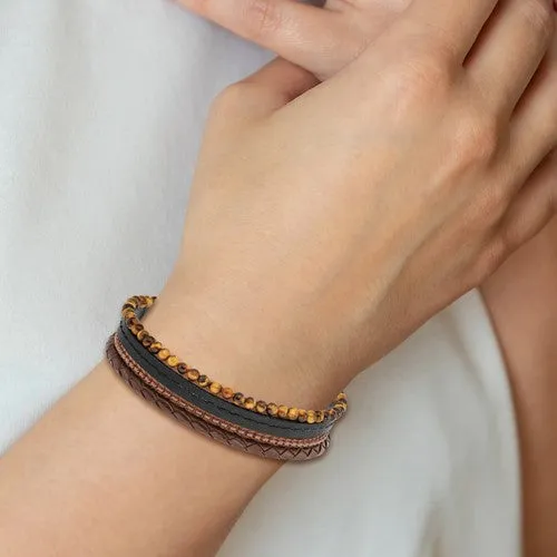 Stainless Steel Polished Brown IP Tiger's Eye Leather Bracelet
