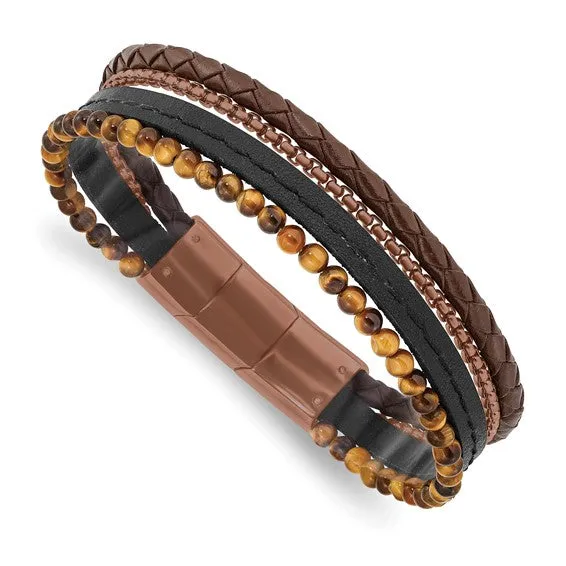 Stainless Steel Polished Brown IP Tiger's Eye Leather Bracelet