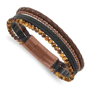 Stainless Steel Polished Brown IP Tiger's Eye Leather Bracelet