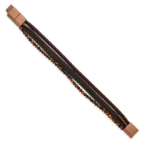 Stainless Steel Polished Brown IP Tiger's Eye Leather Bracelet