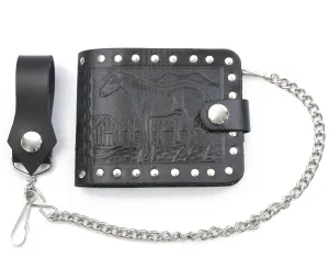Studded Black Billfold w/Chain- Horse