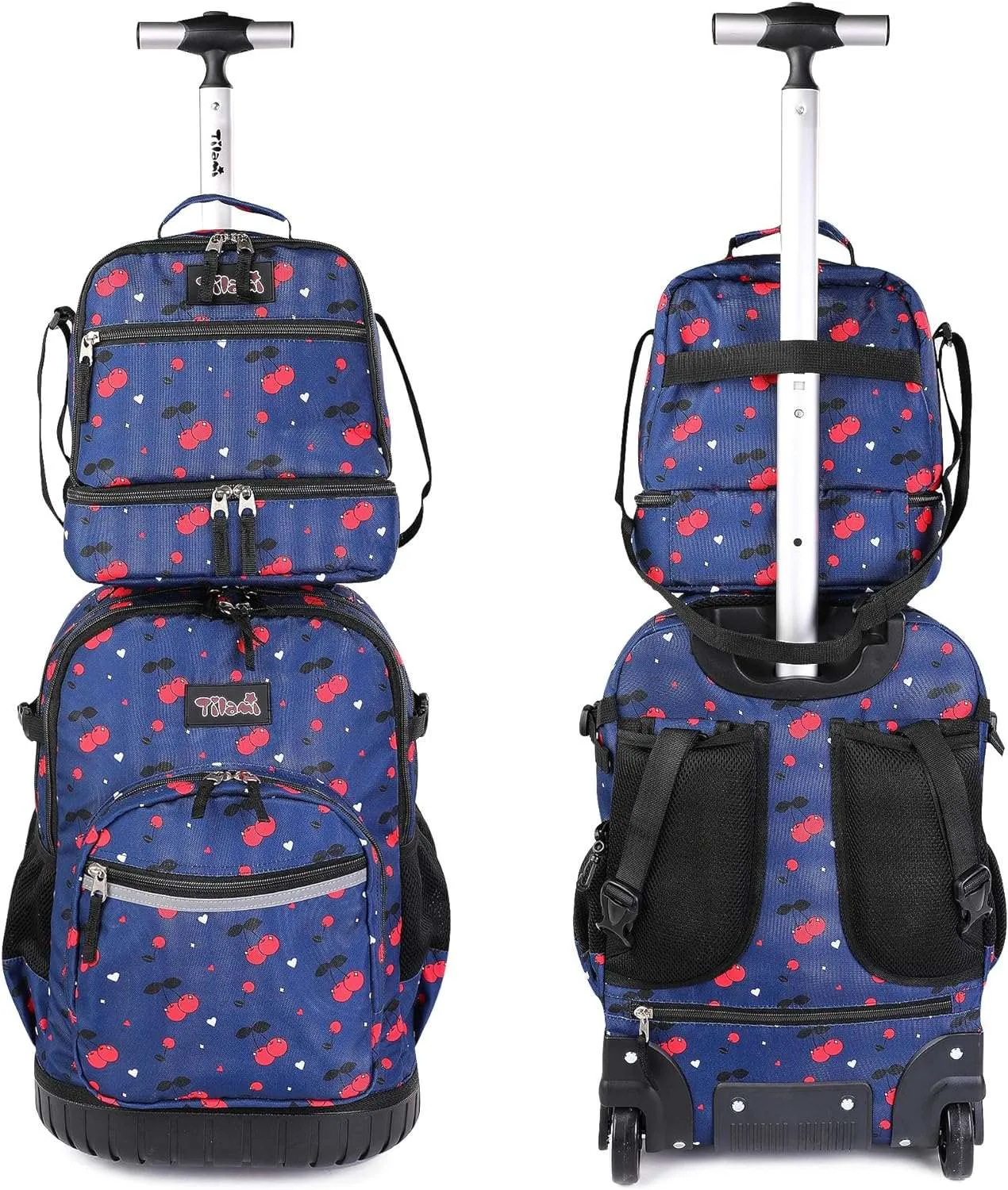 Tilami 19 inch Cherry Blue Rolling Backpack with Lunchbox Wheeled Laptop Backpack
