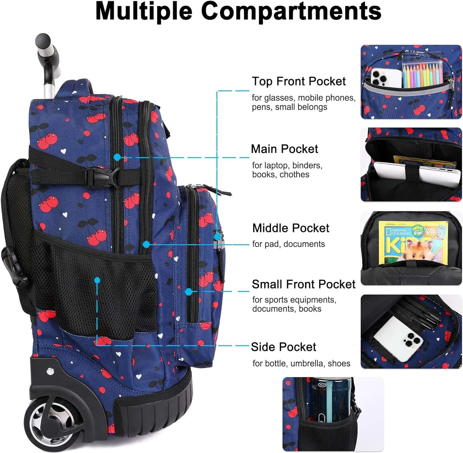 Tilami 19 inch Cherry Blue Rolling Backpack with Lunchbox Wheeled Laptop Backpack
