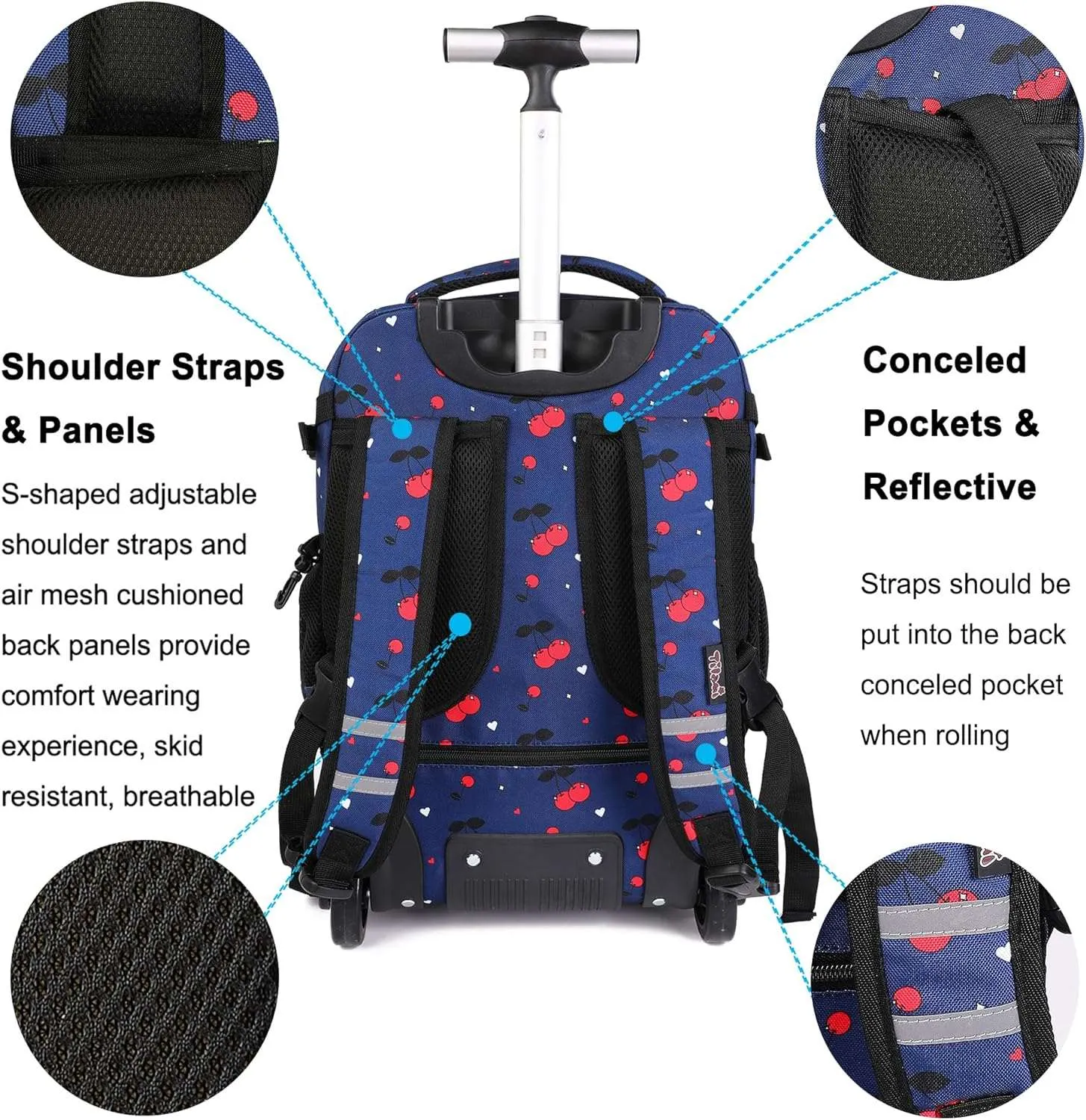 Tilami 19 inch Cherry Blue Rolling Backpack with Lunchbox Wheeled Laptop Backpack