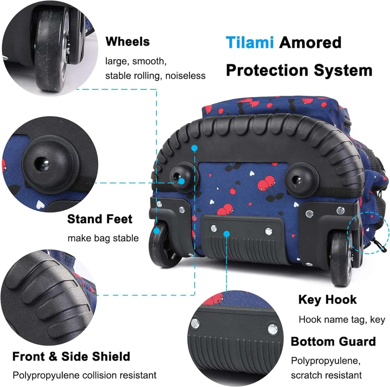 Tilami 19 inch Cherry Blue Rolling Backpack with Lunchbox Wheeled Laptop Backpack