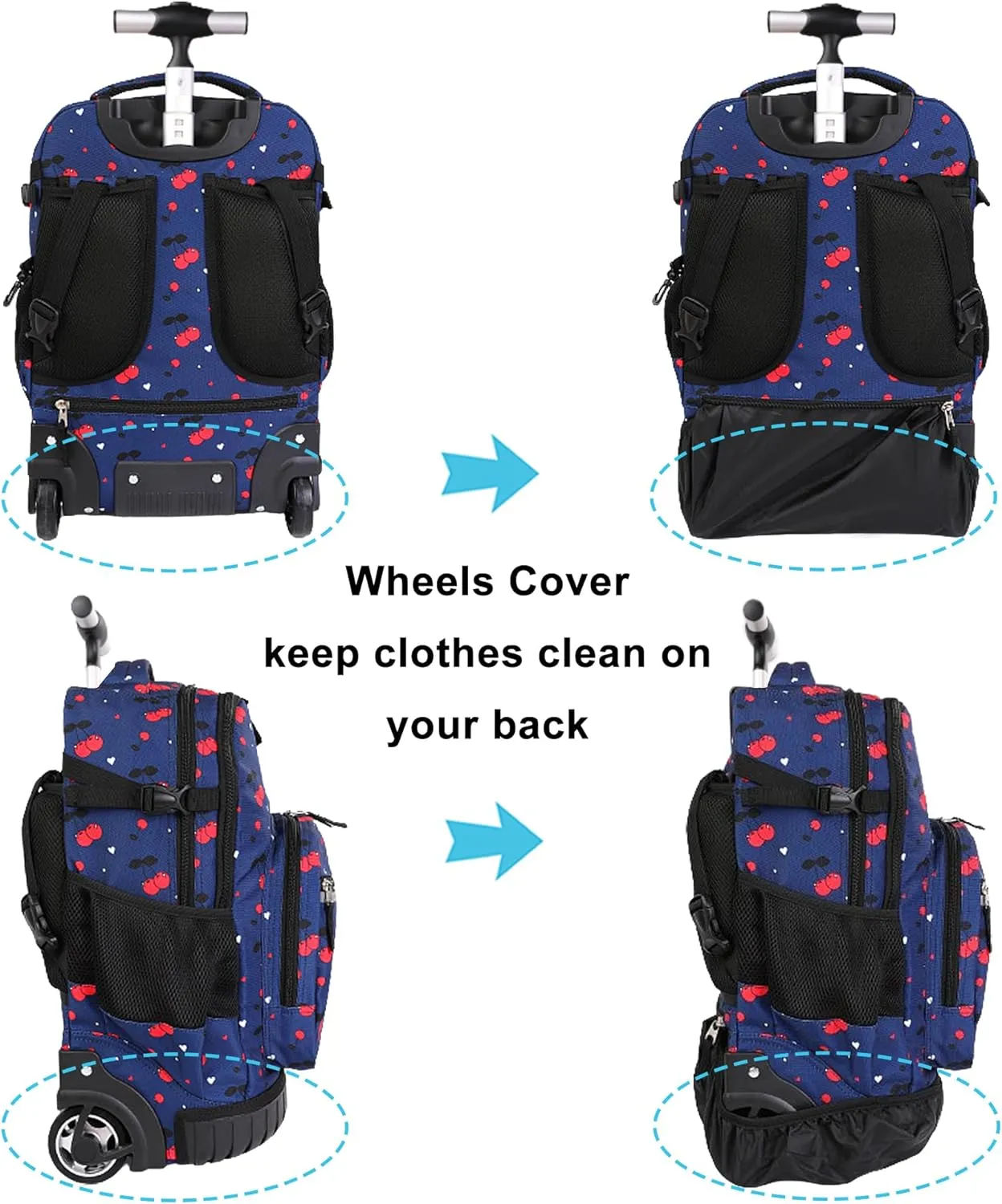 Tilami 19 inch Cherry Blue Rolling Backpack with Lunchbox Wheeled Laptop Backpack