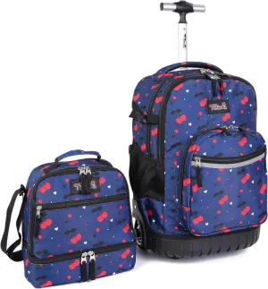 Tilami 19 inch Cherry Blue Rolling Backpack with Lunchbox Wheeled Laptop Backpack