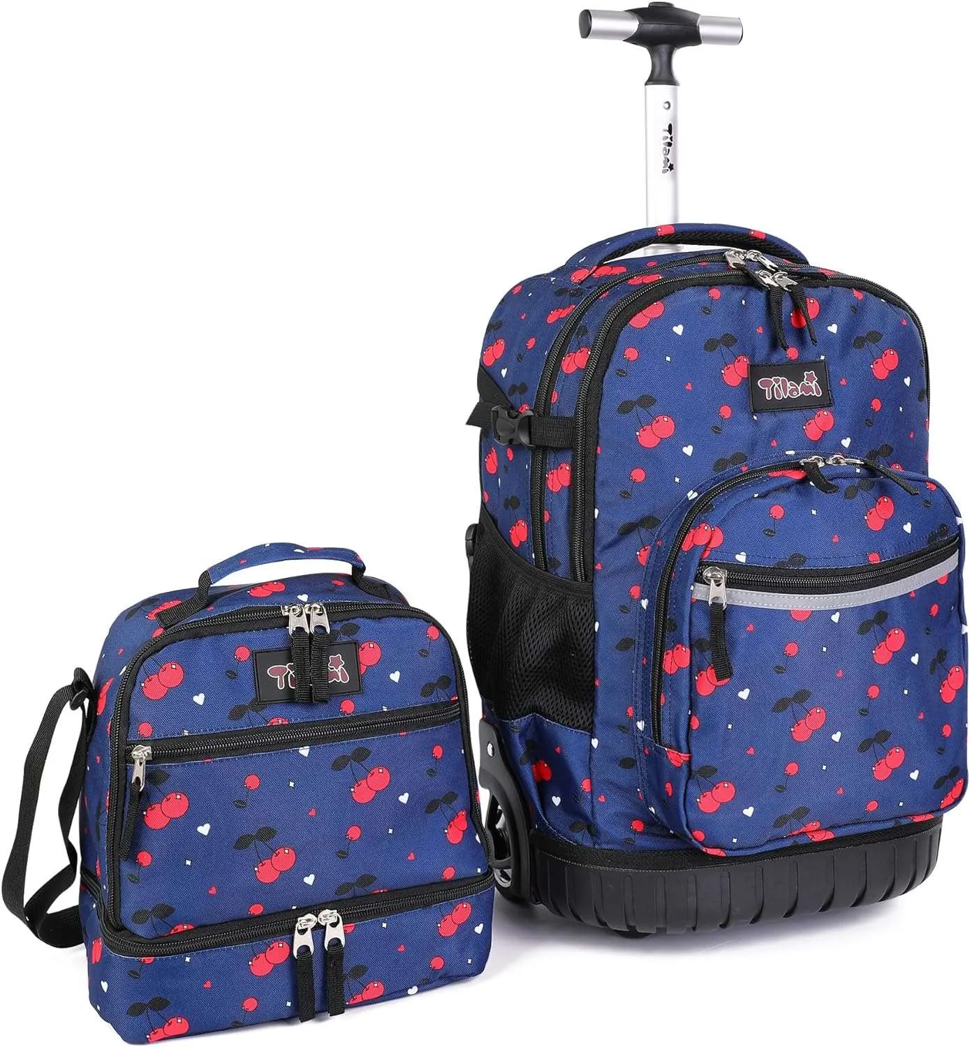 Tilami 19 inch Cherry Blue Rolling Backpack with Lunchbox Wheeled Laptop Backpack