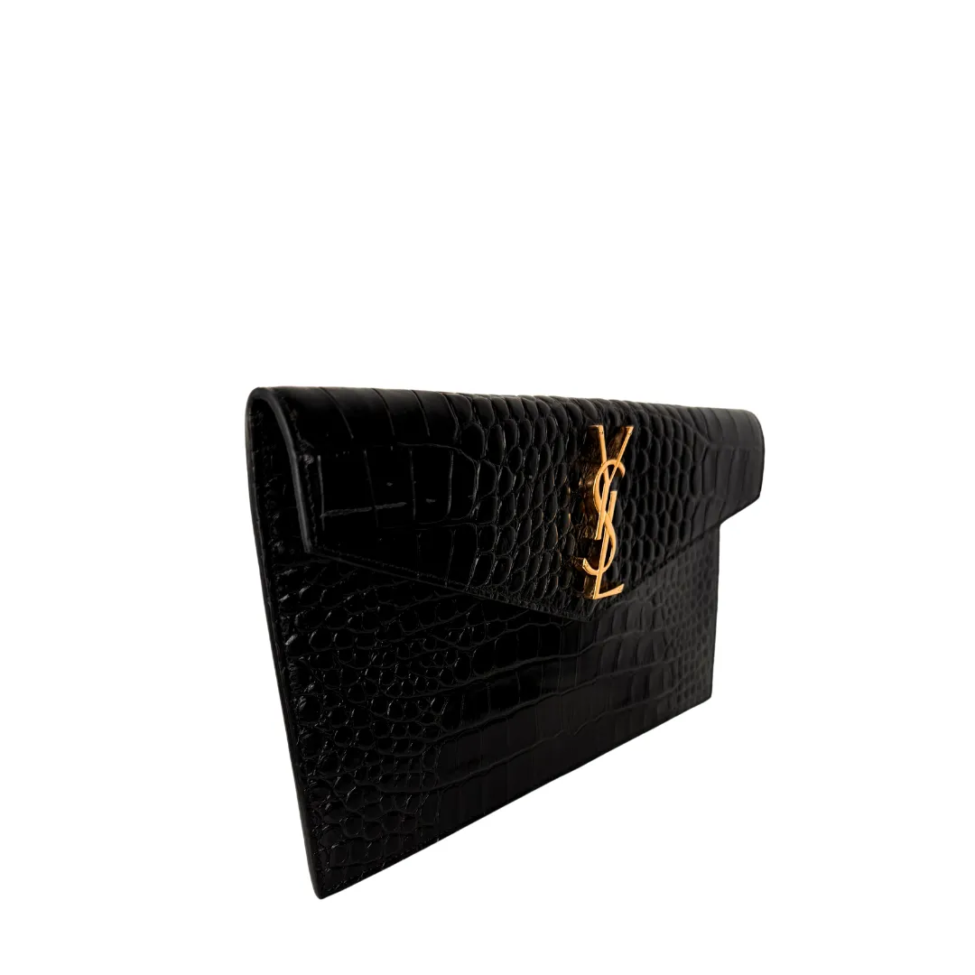 YSL Uptown Croc Embossed Clutch