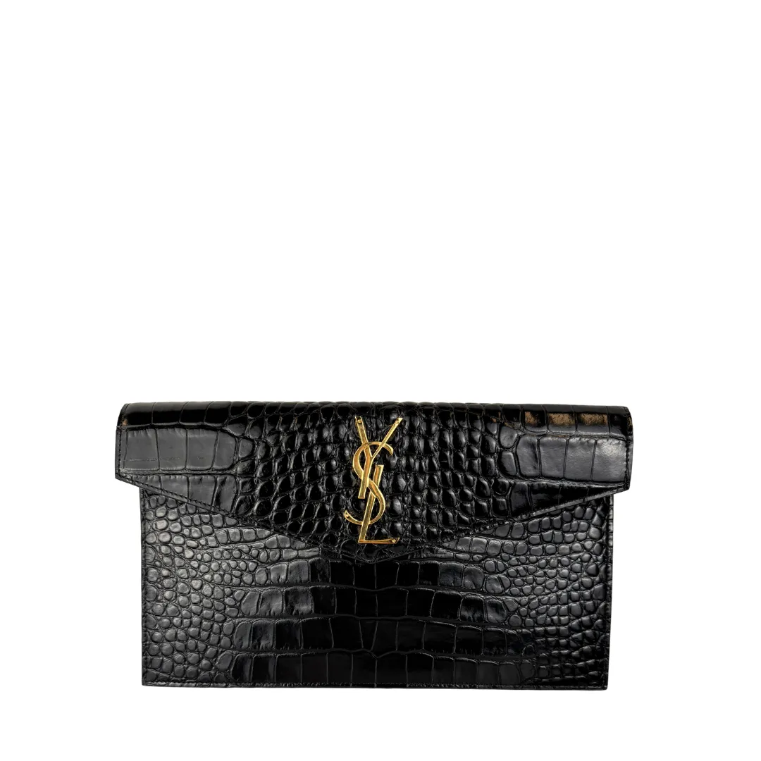 YSL Uptown Croc Embossed Clutch